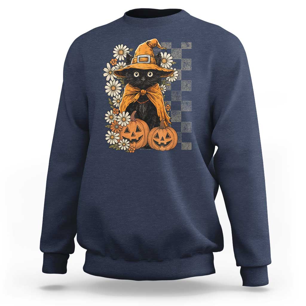 Boho Cat Wild Flowers Sweatshirt Vintage Autumn Cozy Black Cat Pumpkin Halloween