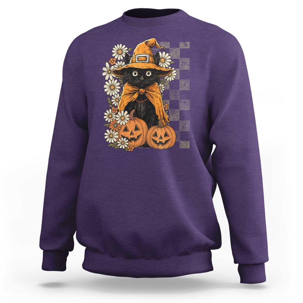 Boho Cat Wild Flowers Sweatshirt Vintage Autumn Cozy Black Cat Pumpkin Halloween