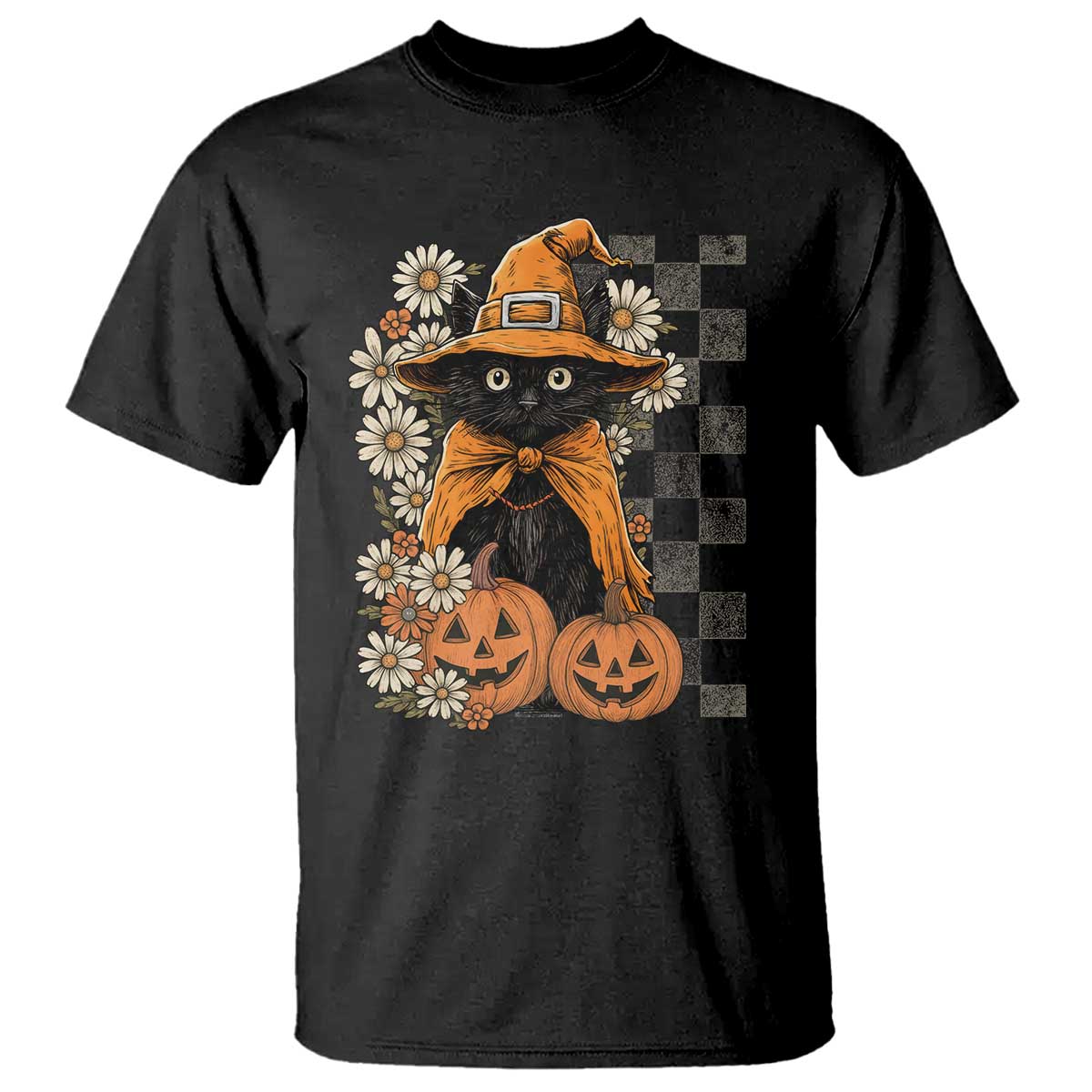 Boho Cat Wild Flowers T Shirt Vintage Autumn Cozy Black Cat Pumpkin Halloween
