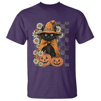 Boho Cat Wild Flowers T Shirt Vintage Autumn Cozy Black Cat Pumpkin Halloween