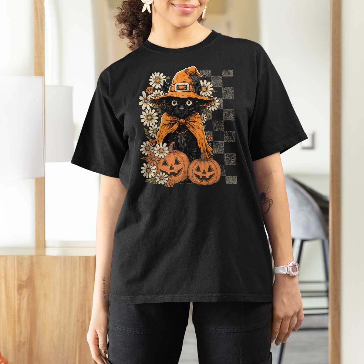 Boho Cat Wild Flowers T Shirt For Women Vintage Autumn Cozy Black Cat Pumpkin Halloween