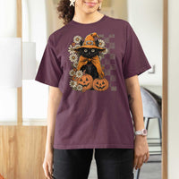 Boho Cat Wild Flowers T Shirt For Women Vintage Autumn Cozy Black Cat Pumpkin Halloween