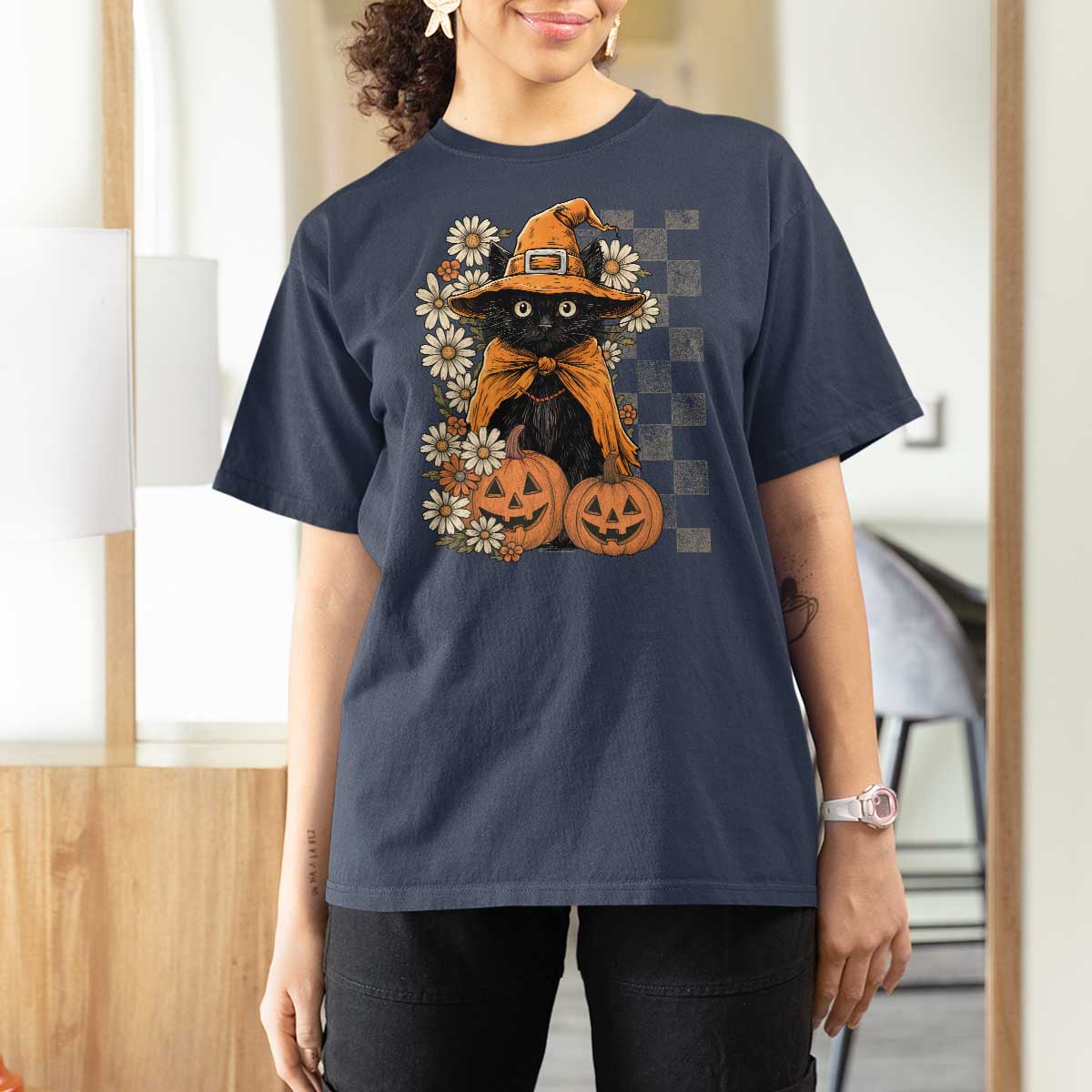 Boho Cat Wild Flowers T Shirt For Women Vintage Autumn Cozy Black Cat Pumpkin Halloween