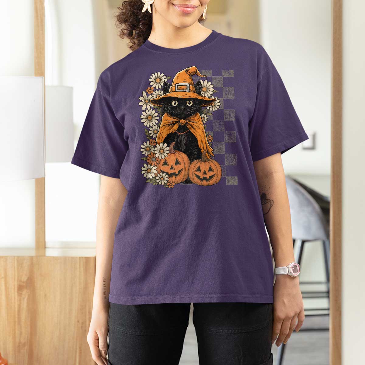 Boho Cat Wild Flowers T Shirt For Women Vintage Autumn Cozy Black Cat Pumpkin Halloween