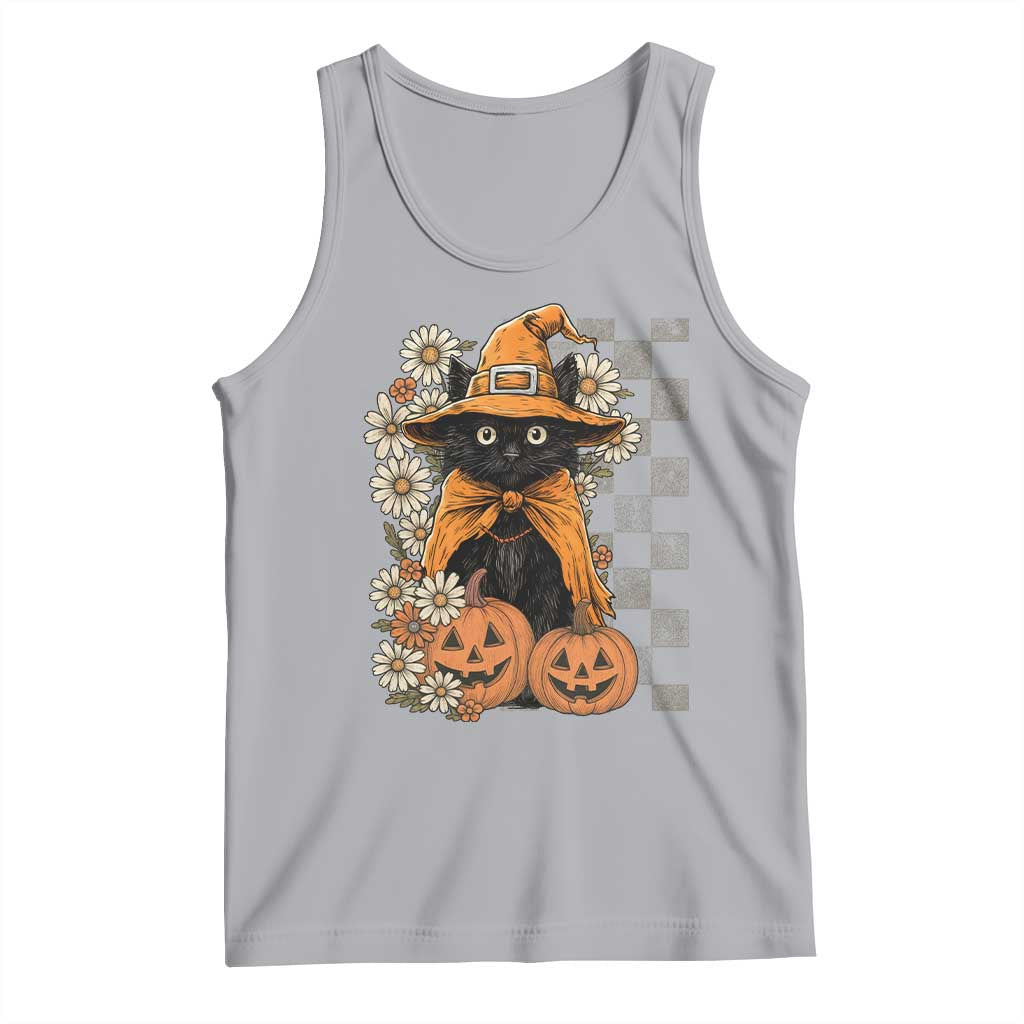 Boho Cat Wild Flowers Tank Top Vintage Autumn Cozy Black Cat Pumpkin Halloween