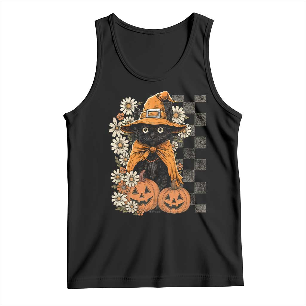Boho Cat Wild Flowers Tank Top Vintage Autumn Cozy Black Cat Pumpkin Halloween