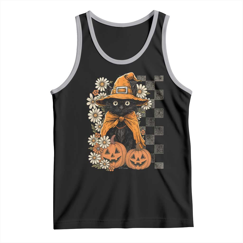 Boho Cat Wild Flowers Tank Top Vintage Autumn Cozy Black Cat Pumpkin Halloween