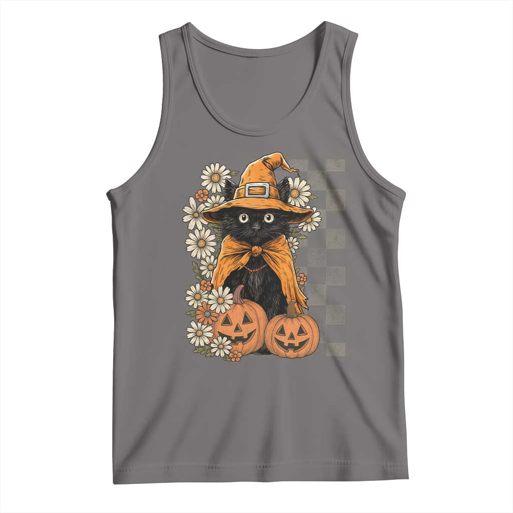 Boho Cat Wild Flowers Tank Top Vintage Autumn Cozy Black Cat Pumpkin Halloween