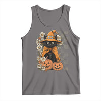 Boho Cat Wild Flowers Tank Top Vintage Autumn Cozy Black Cat Pumpkin Halloween