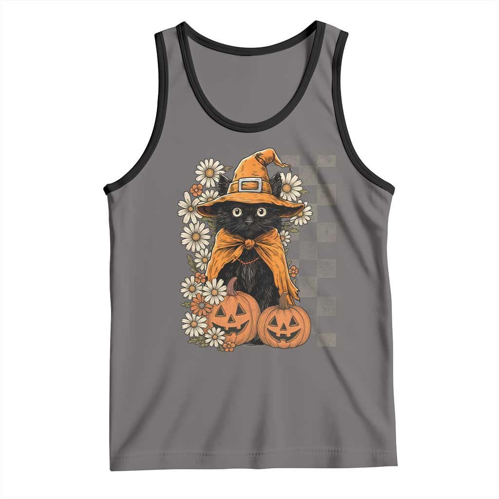 Boho Cat Wild Flowers Tank Top Vintage Autumn Cozy Black Cat Pumpkin Halloween