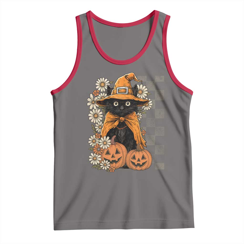 Boho Cat Wild Flowers Tank Top Vintage Autumn Cozy Black Cat Pumpkin Halloween