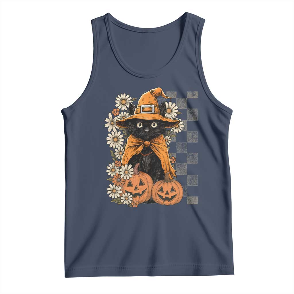 Boho Cat Wild Flowers Tank Top Vintage Autumn Cozy Black Cat Pumpkin Halloween