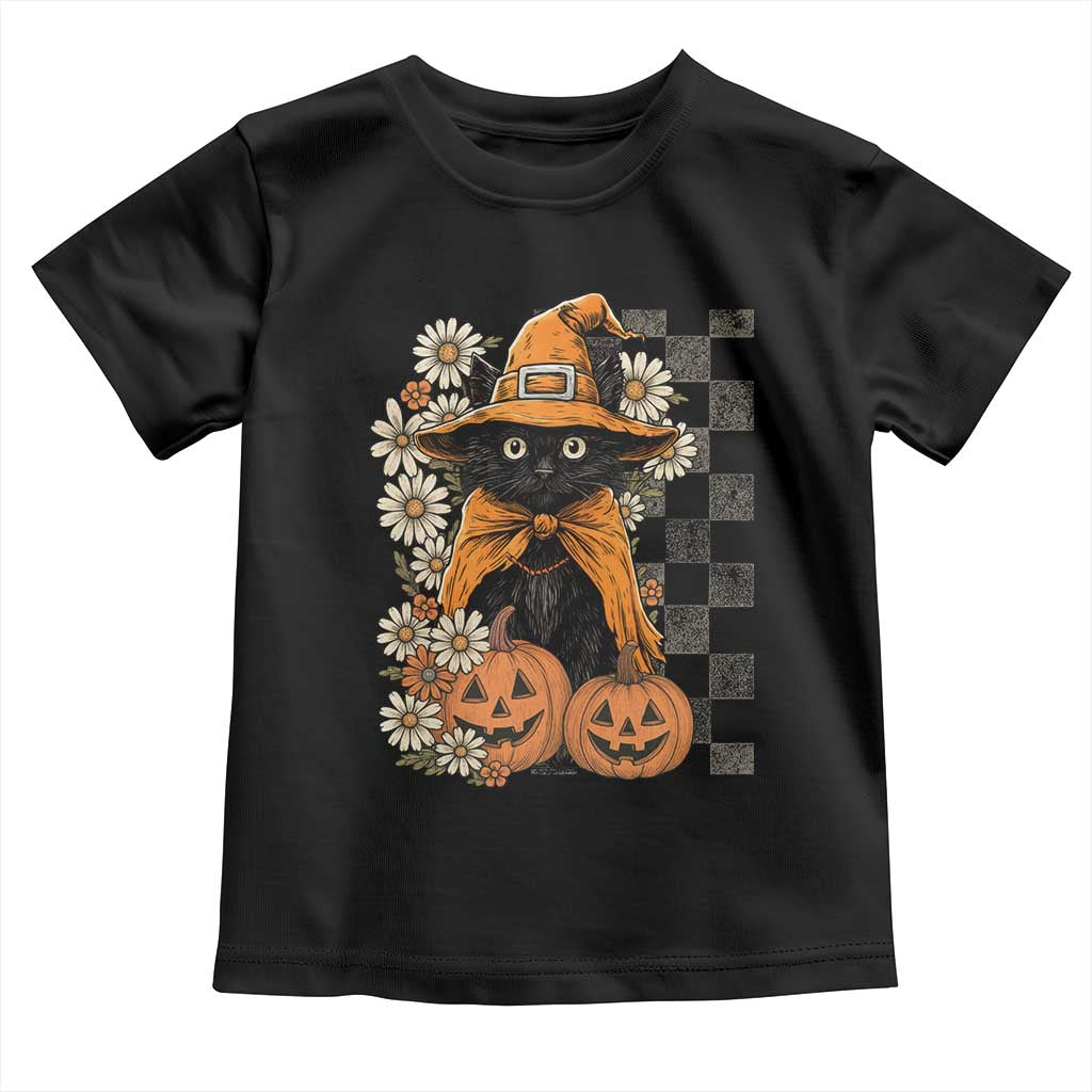 Boho Cat Wild Flowers Toddler T Shirt Vintage Autumn Cozy Black Cat Pumpkin Halloween