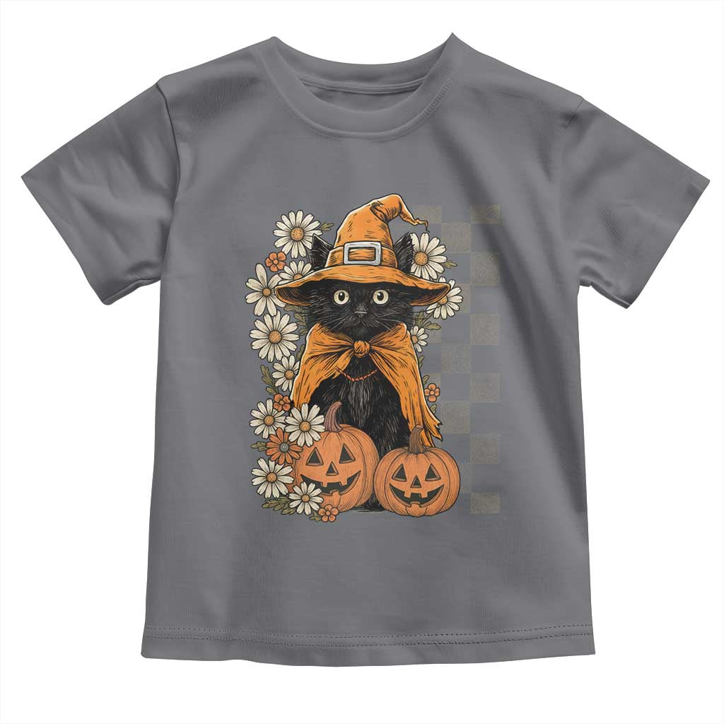 Boho Cat Wild Flowers Toddler T Shirt Vintage Autumn Cozy Black Cat Pumpkin Halloween
