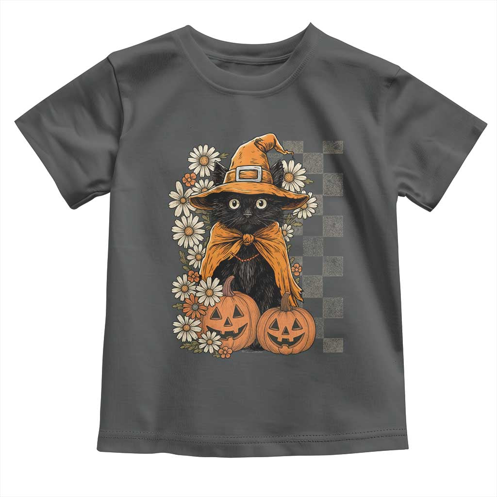 Boho Cat Wild Flowers Toddler T Shirt Vintage Autumn Cozy Black Cat Pumpkin Halloween