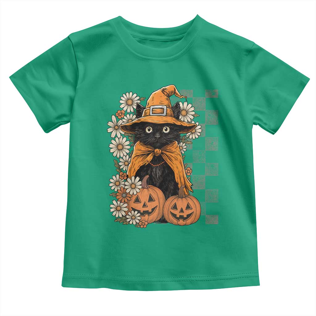 Boho Cat Wild Flowers Toddler T Shirt Vintage Autumn Cozy Black Cat Pumpkin Halloween