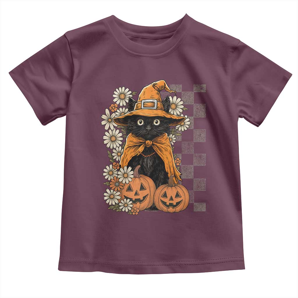 Boho Cat Wild Flowers Toddler T Shirt Vintage Autumn Cozy Black Cat Pumpkin Halloween