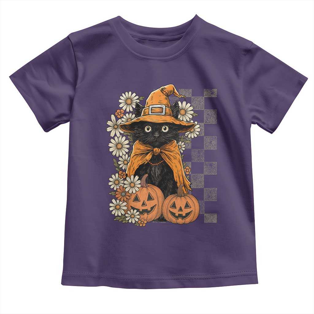Boho Cat Wild Flowers Toddler T Shirt Vintage Autumn Cozy Black Cat Pumpkin Halloween