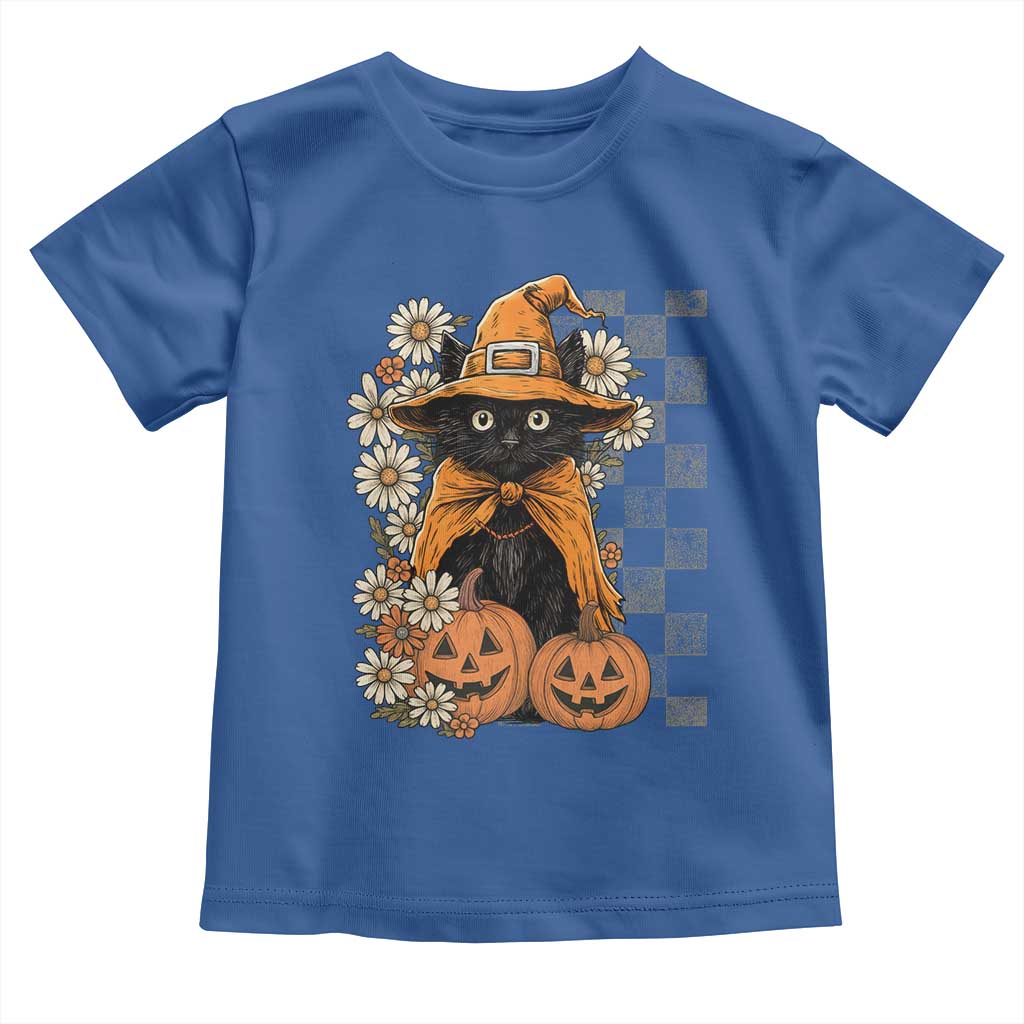 Boho Cat Wild Flowers Toddler T Shirt Vintage Autumn Cozy Black Cat Pumpkin Halloween