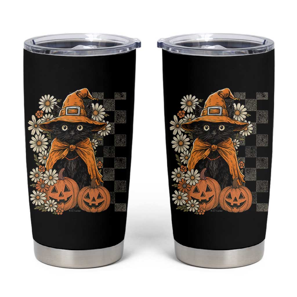 Boho Cat Wild Flowers Tumbler Cup Vintage Autumn Cozy Black Cat Pumpkin Halloween