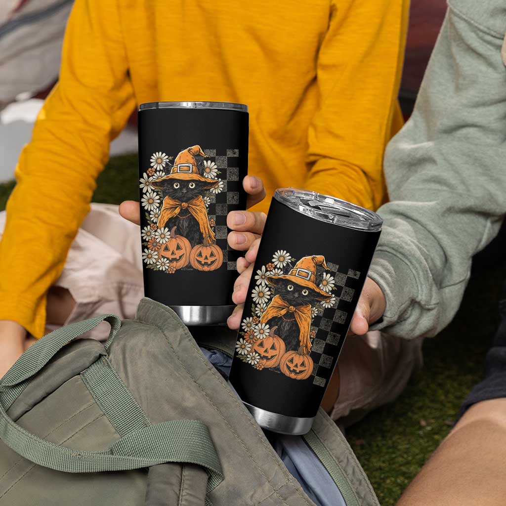 Boho Cat Wild Flowers Tumbler Cup Vintage Autumn Cozy Black Cat Pumpkin Halloween
