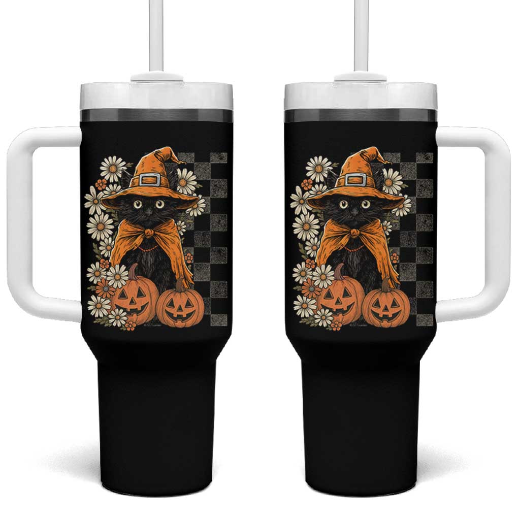 Boho Cat Wild Flowers Tumbler With Handle Vintage Autumn Cozy Black Cat Pumpkin Halloween