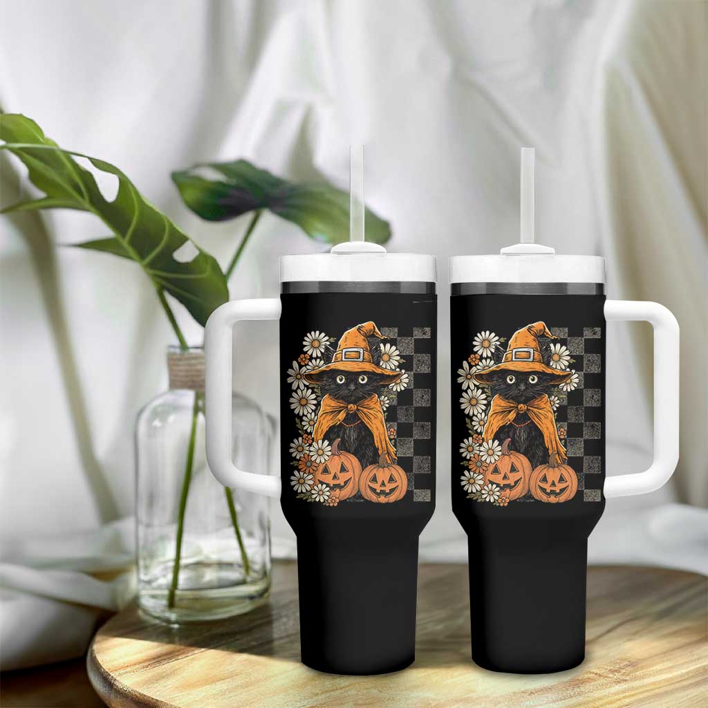 Boho Cat Wild Flowers Tumbler With Handle Vintage Autumn Cozy Black Cat Pumpkin Halloween