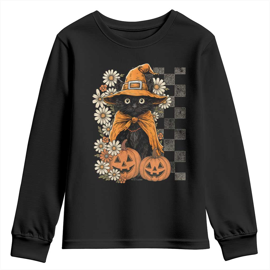 Boho Cat Wild Flowers Youth Sweatshirt Vintage Autumn Cozy Black Cat Pumpkin Halloween
