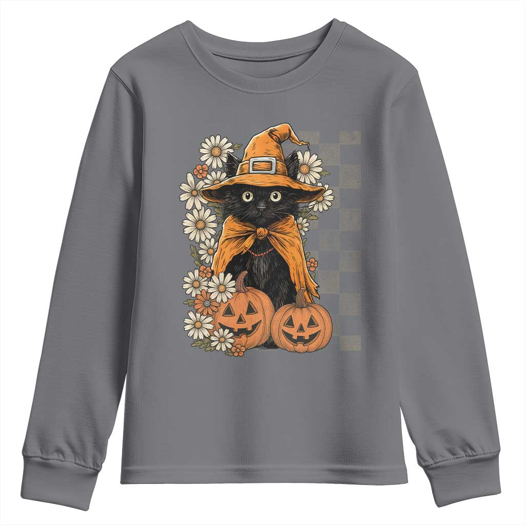 Boho Cat Wild Flowers Youth Sweatshirt Vintage Autumn Cozy Black Cat Pumpkin Halloween