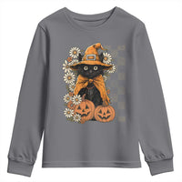 Boho Cat Wild Flowers Youth Sweatshirt Vintage Autumn Cozy Black Cat Pumpkin Halloween