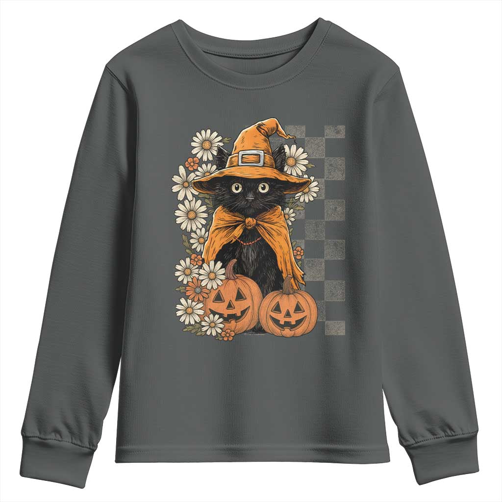 Boho Cat Wild Flowers Youth Sweatshirt Vintage Autumn Cozy Black Cat Pumpkin Halloween