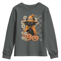 Boho Cat Wild Flowers Youth Sweatshirt Vintage Autumn Cozy Black Cat Pumpkin Halloween