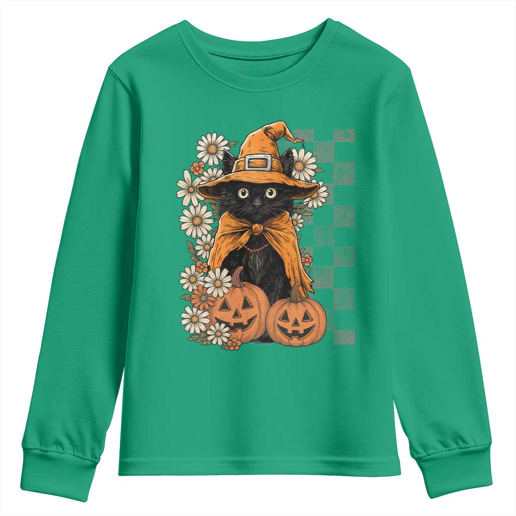 Boho Cat Wild Flowers Youth Sweatshirt Vintage Autumn Cozy Black Cat Pumpkin Halloween