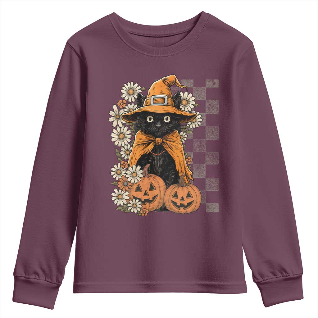 Boho Cat Wild Flowers Youth Sweatshirt Vintage Autumn Cozy Black Cat Pumpkin Halloween