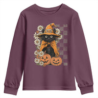Boho Cat Wild Flowers Youth Sweatshirt Vintage Autumn Cozy Black Cat Pumpkin Halloween