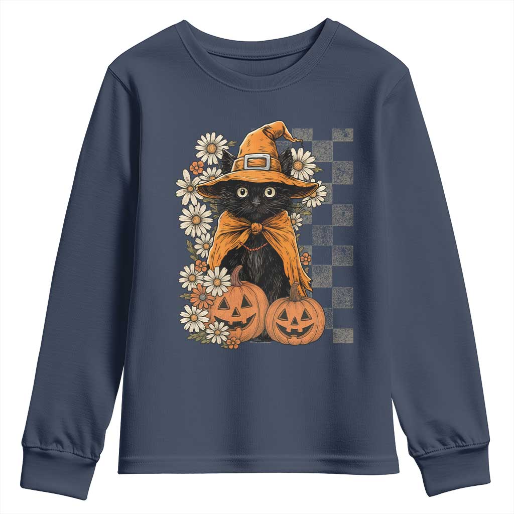 Boho Cat Wild Flowers Youth Sweatshirt Vintage Autumn Cozy Black Cat Pumpkin Halloween