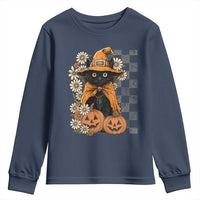 Boho Cat Wild Flowers Youth Sweatshirt Vintage Autumn Cozy Black Cat Pumpkin Halloween