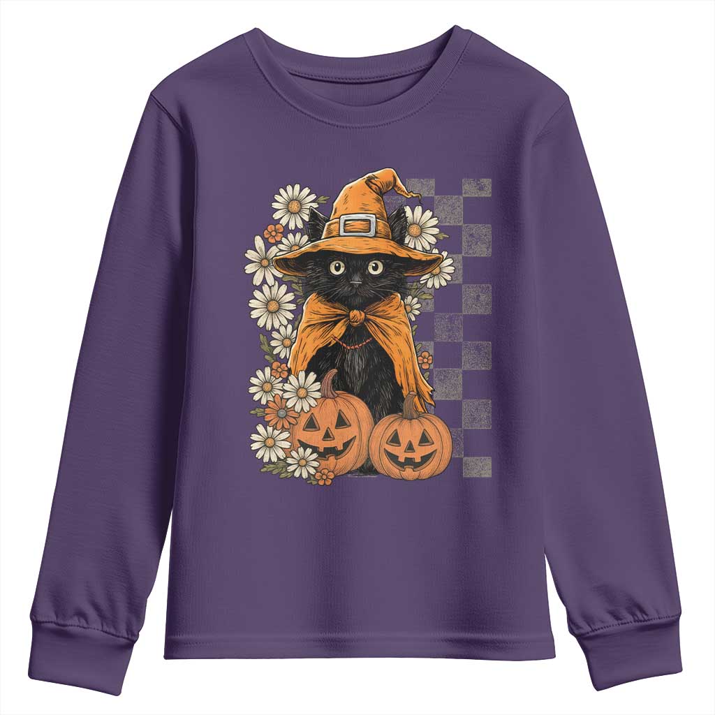 Boho Cat Wild Flowers Youth Sweatshirt Vintage Autumn Cozy Black Cat Pumpkin Halloween