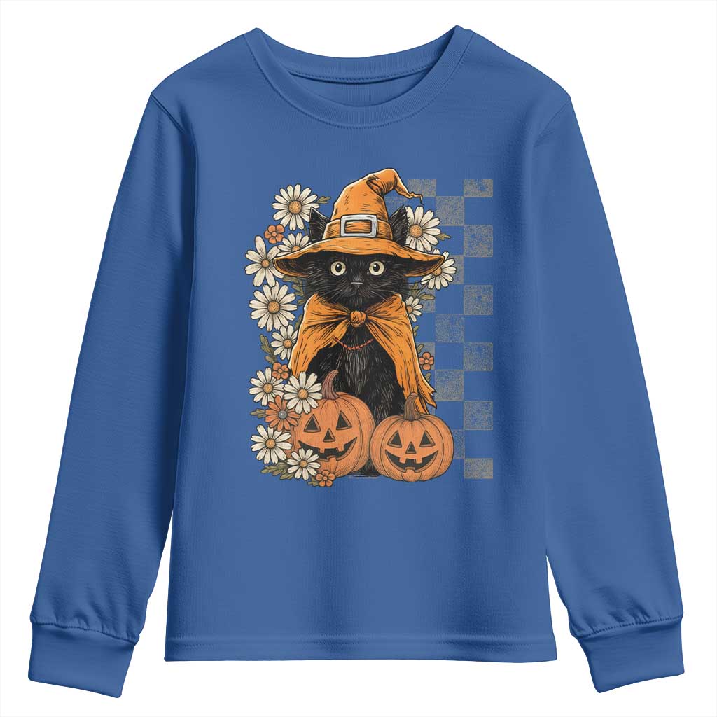 Boho Cat Wild Flowers Youth Sweatshirt Vintage Autumn Cozy Black Cat Pumpkin Halloween