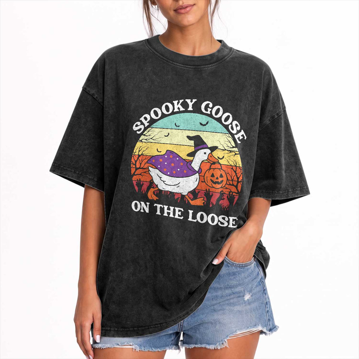 Witchy Silly Goose Washed Cotton T-Shirt Retro Girly Halloween Spooky Goose Lover