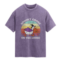 Witchy Silly Goose Washed Cotton T-Shirt Retro Girly Halloween Spooky Goose Lover