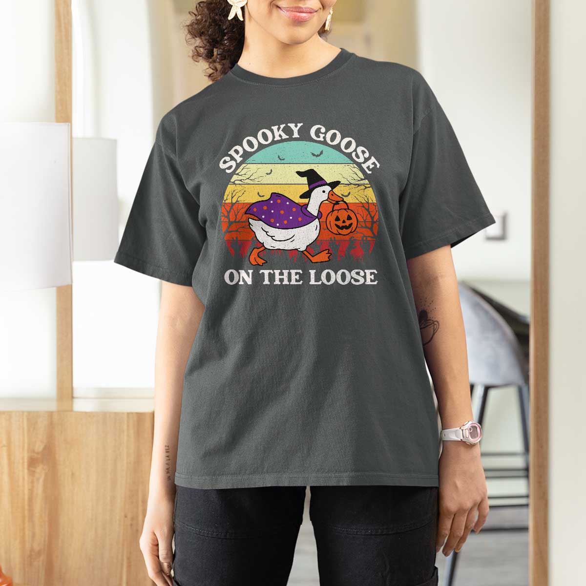 Witchy Silly Goose T Shirt For Women Retro Girly Halloween Spooky Goose Lover - Wonder Print Shop