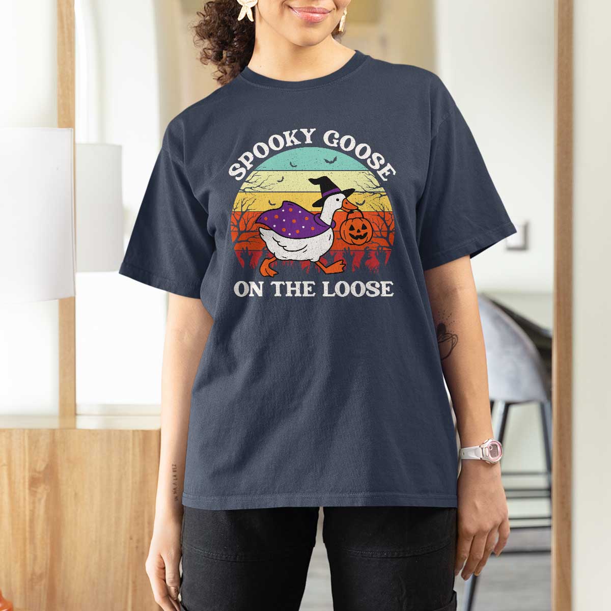 Witchy Silly Goose T Shirt For Women Retro Girly Halloween Spooky Goose Lover - Wonder Print Shop