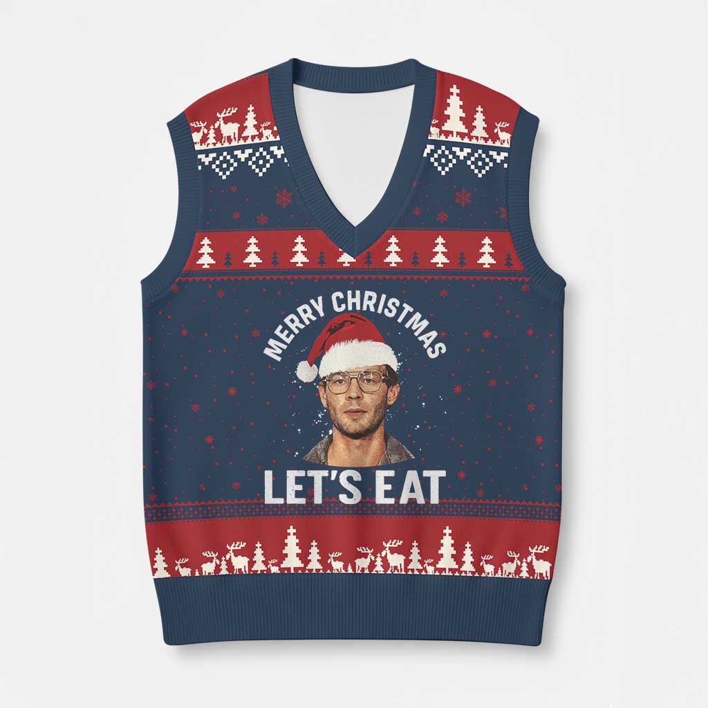 True Crime Ugly Xmas V-Neck Knit Sweater Vest Funny Jeffrey Dahmer Merry Xmas Lets Eat - Wonder Print Shop