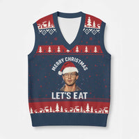 True Crime Ugly Xmas V-Neck Knit Sweater Vest Funny Jeffrey Dahmer Merry Xmas Lets Eat - Wonder Print Shop