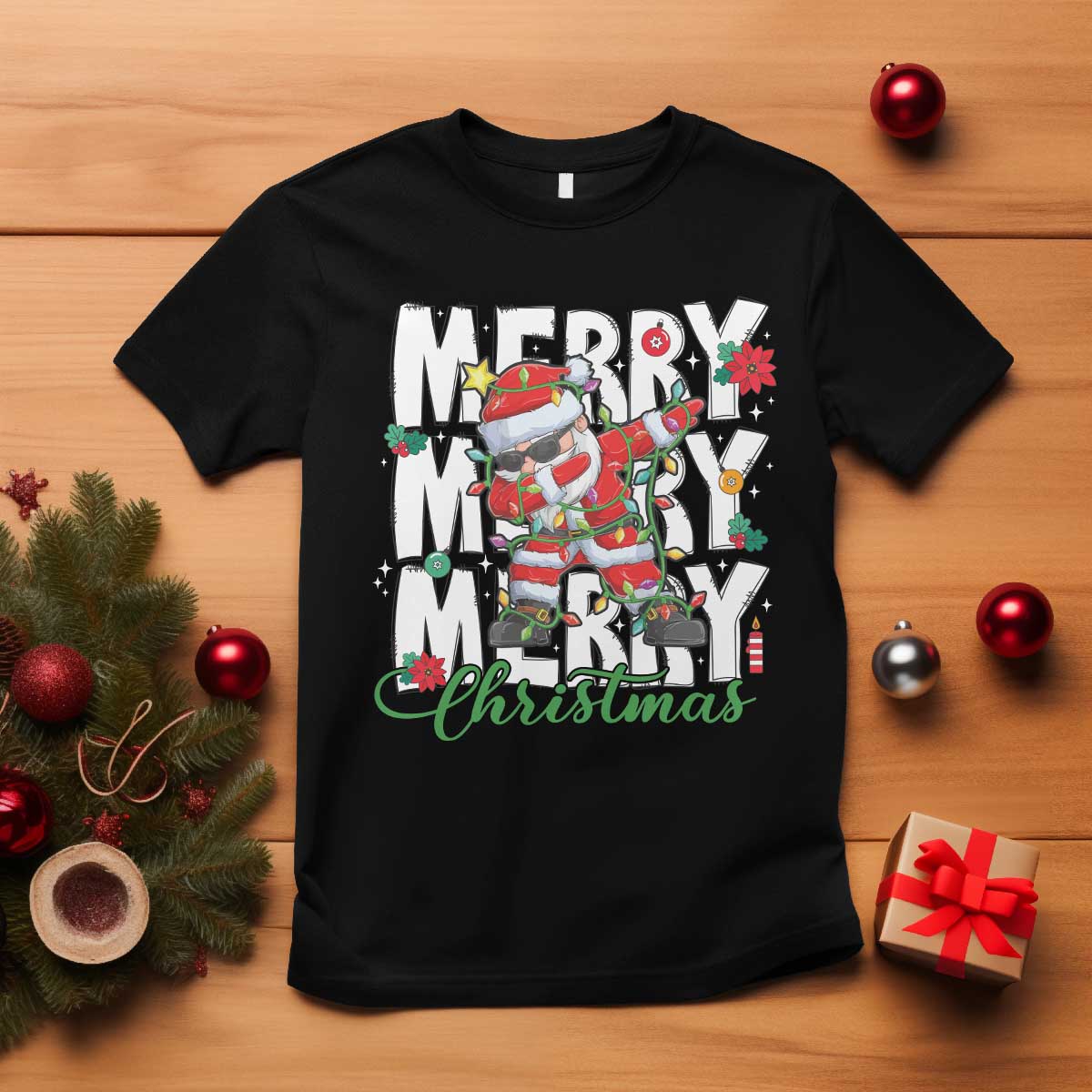 Merry Christmas Santa T Shirt Dabbing Santa Xmas Lights - Wonder Print Shop