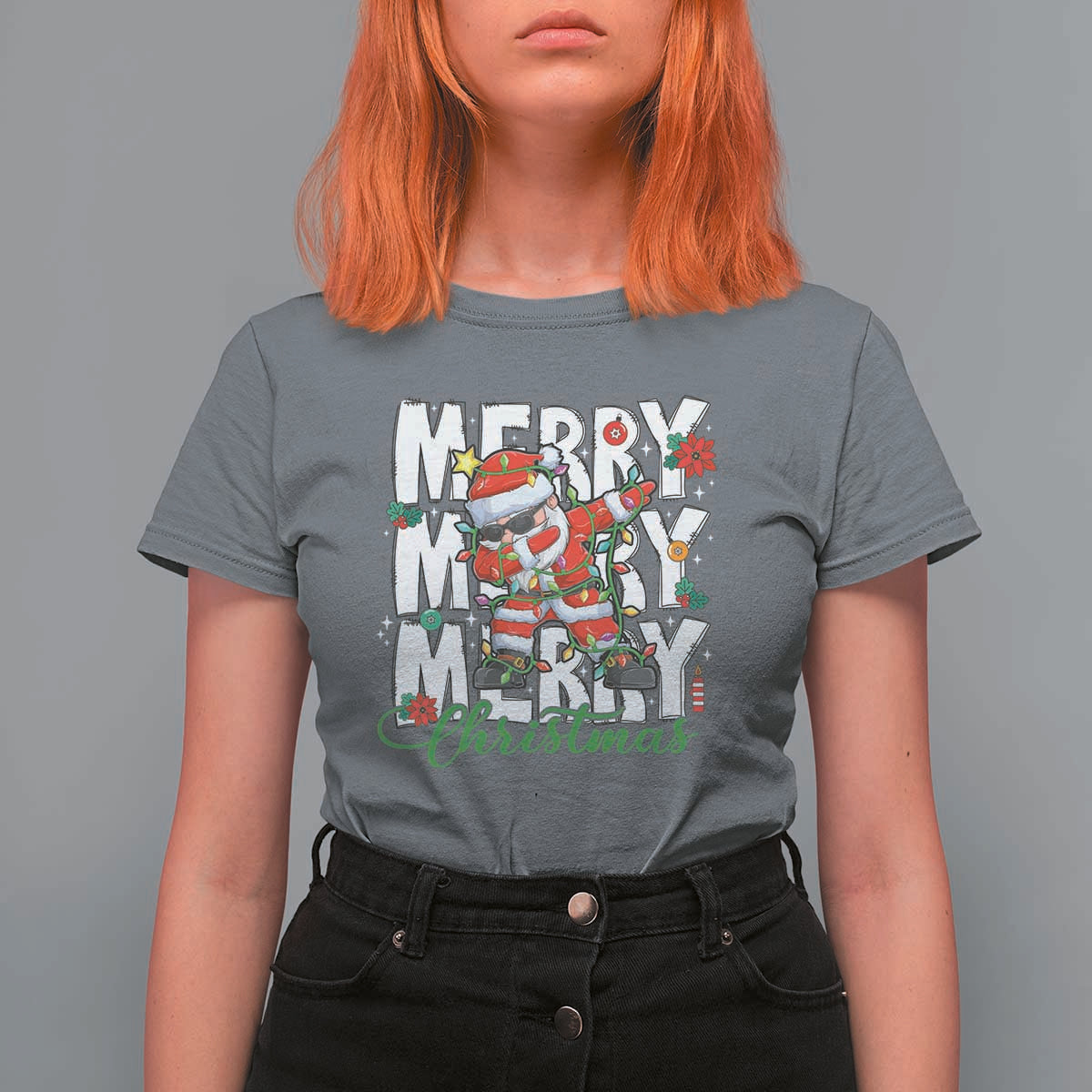 Merry Christmas Santa T Shirt For Women Dabbing Santa Xmas Lights - Wonder Print Shop