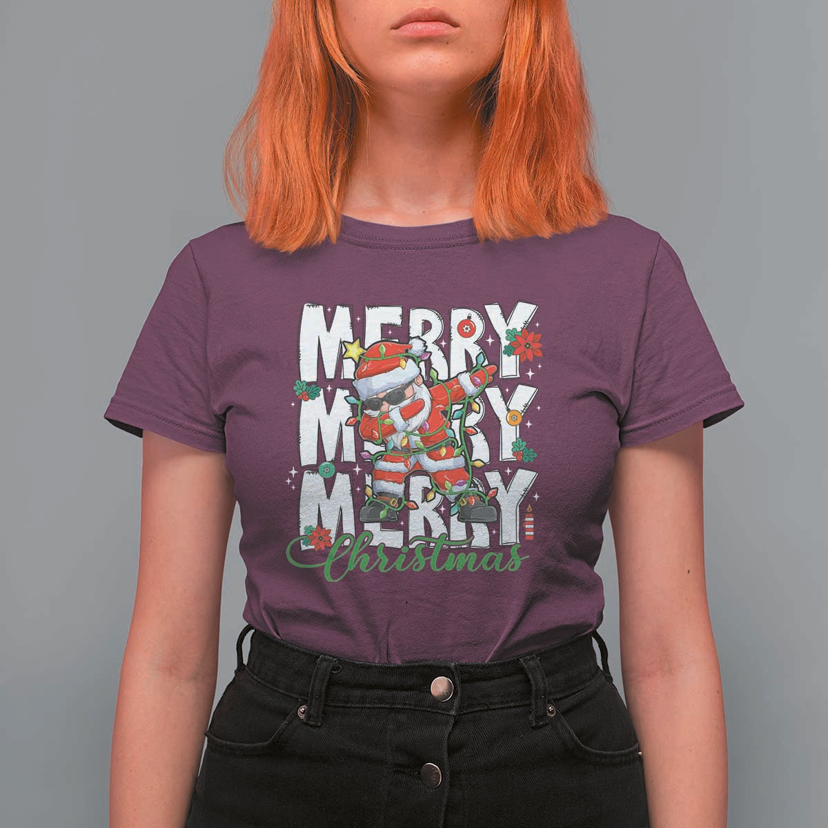 Merry Christmas Santa T Shirt For Women Dabbing Santa Xmas Lights - Wonder Print Shop