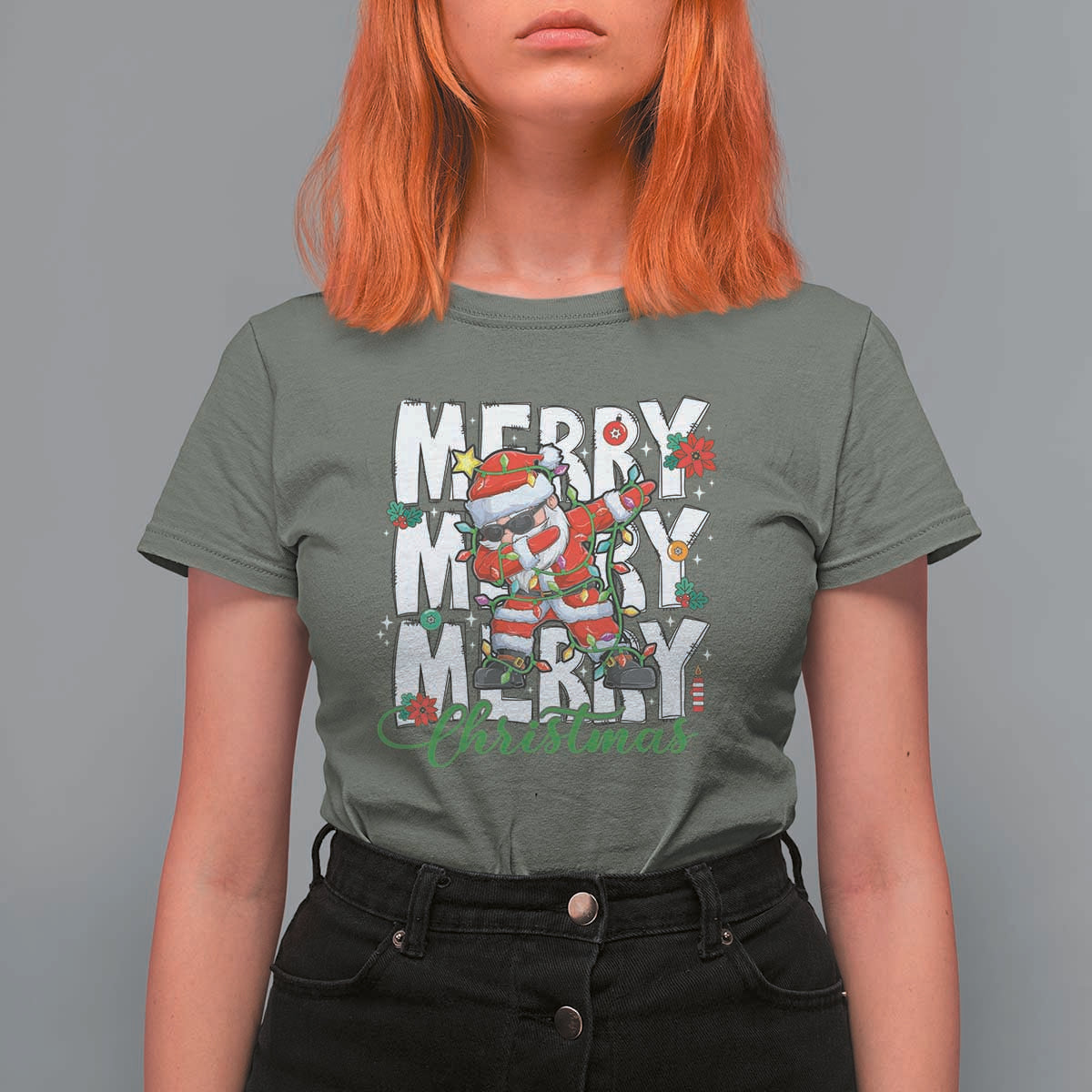 Merry Christmas Santa T Shirt For Women Dabbing Santa Xmas Lights - Wonder Print Shop