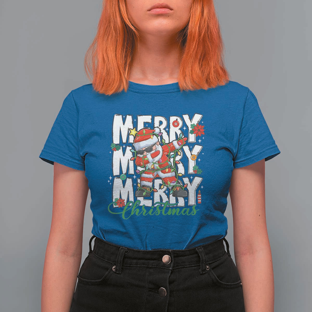 Merry Christmas Santa T Shirt For Women Dabbing Santa Xmas Lights - Wonder Print Shop